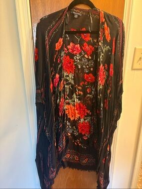 American Eagle Outfitters Black Cardigan with Red and Orange Floral Accents
